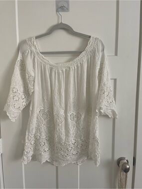 Tempo Paris White Crochet Lace Peasant Tunic
